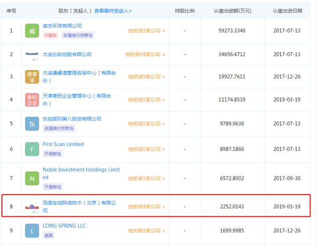 百度入股东软医疗，认缴出资额超2000万