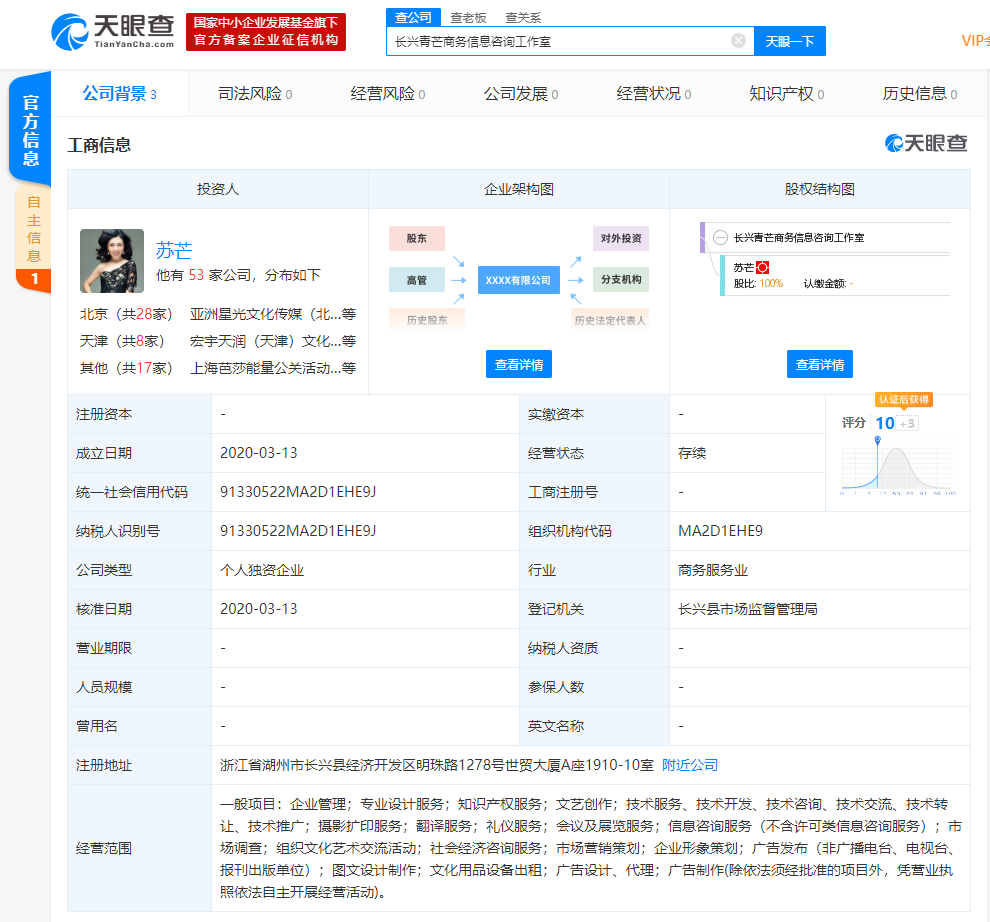 原时尚集团总裁苏芒成立商务信息咨询工作室，持股比例100%