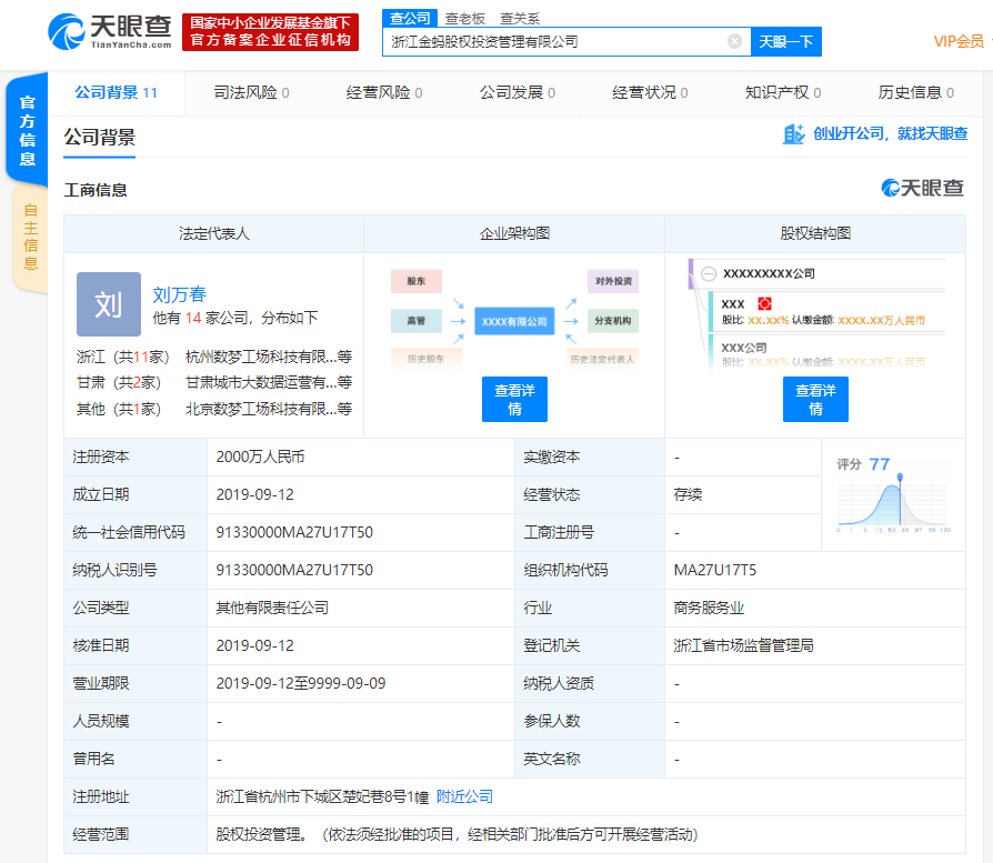 蚂蚁金服与浙江金控、数梦工场共同成立“浙江金蚂股权投资管理有限公司”