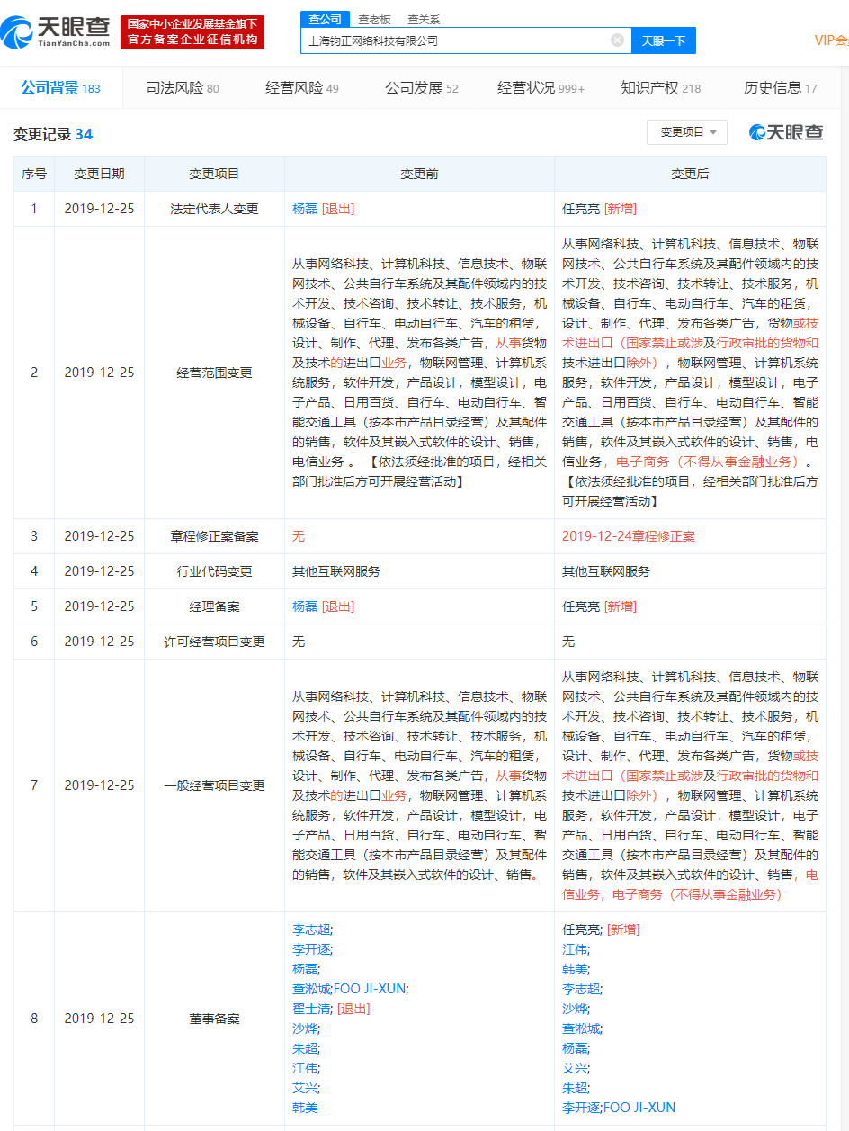 哈啰出行联合创始人兼CEO杨磊卸任公司法定代表人、经理一职