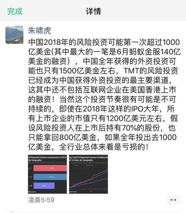 朱啸虎：中国2018年风投可能第一次超过1000亿美元