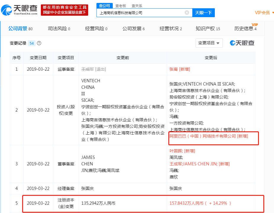 阿里巴巴入股商帆信息