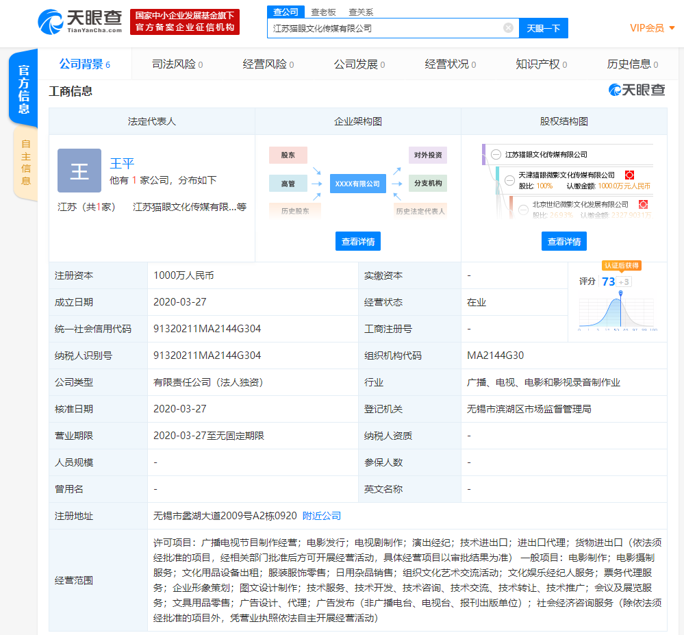 猫眼娱乐成立全资子公司，注册资本1000万