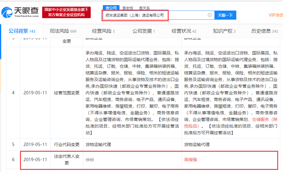 顺丰速运集团上海法定代表人变更