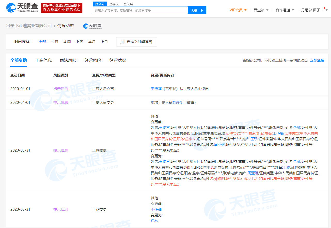 王传福卸任济宁比亚迪实业有限公司董事长、法定代表人
