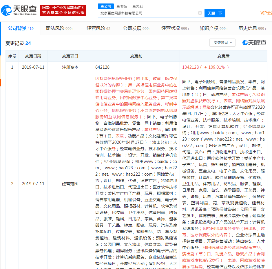 北京百度网讯科技有限公司注册资本增加70亿元，涨幅超109%