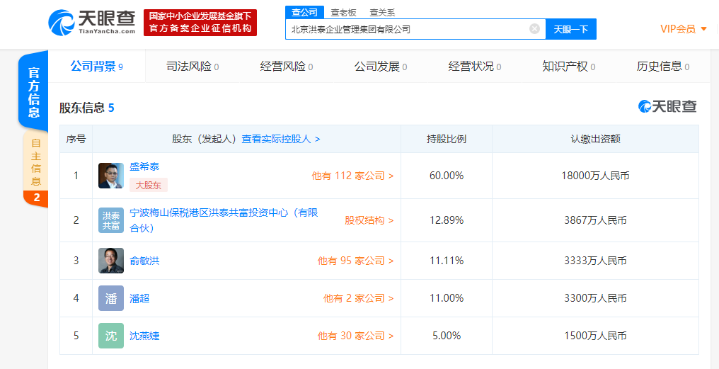 俞敏洪、洪泰基金创始合伙人盛希泰合资成立企业管理公司