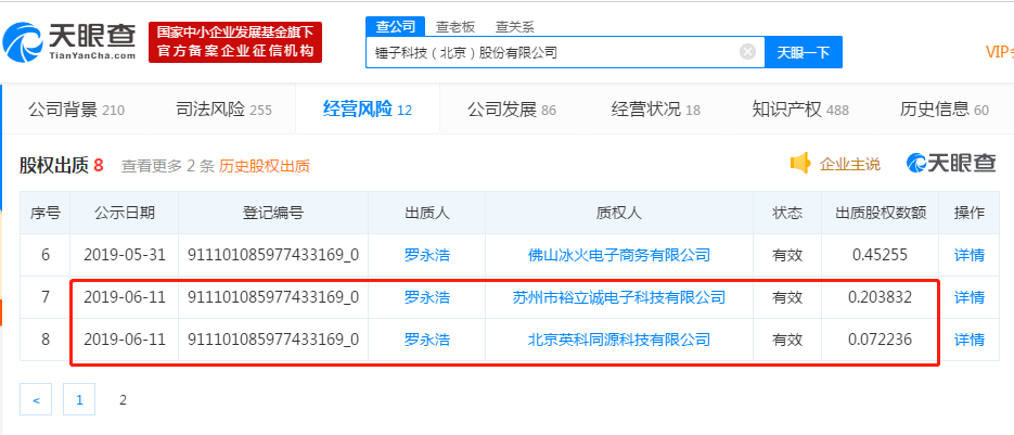 罗永浩再次出质锤子科技（北京）股份有限公司旗下股权