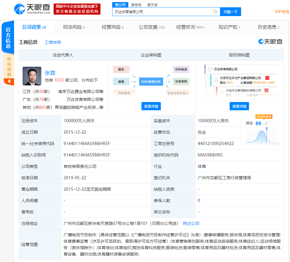 万达体育成立新公司，注册资本1亿元