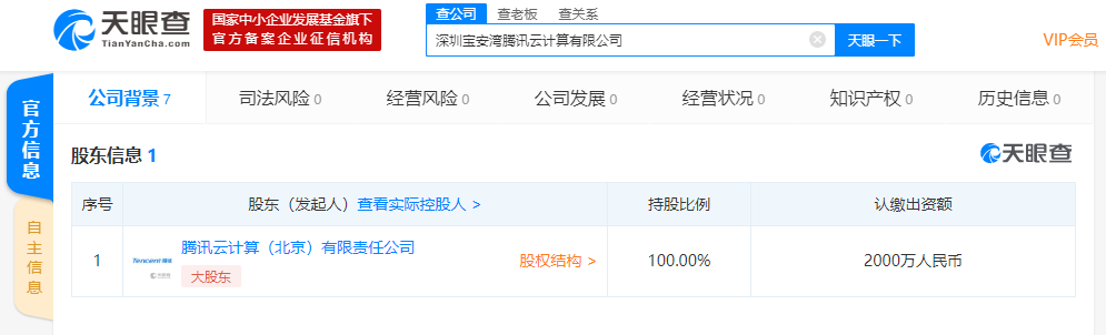 腾讯云出资2000万成立新公司