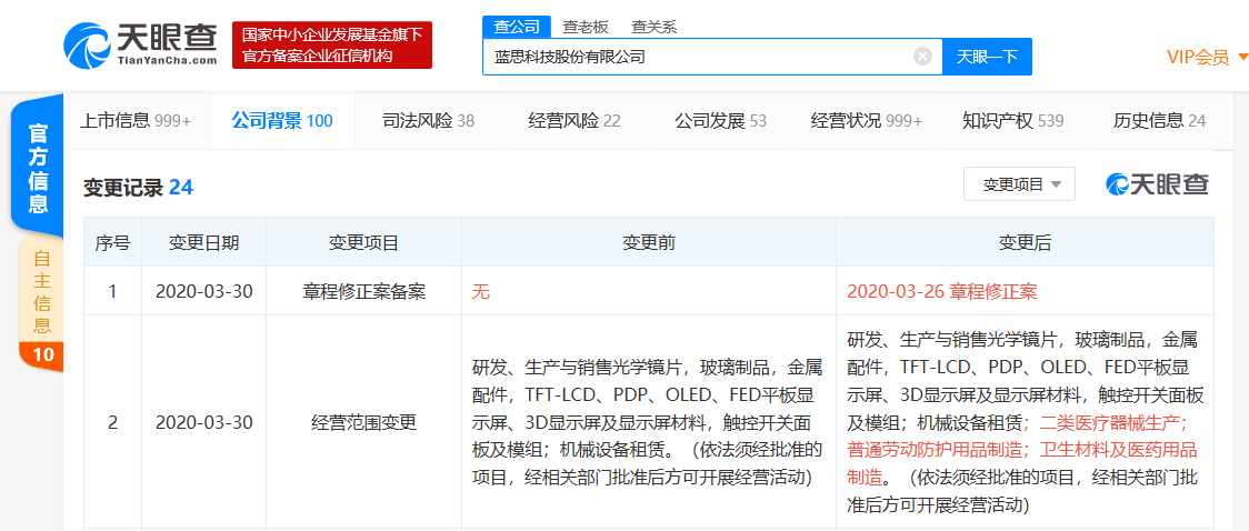 蓝思科技发生工商变更，经营范围新增医疗器械生产等