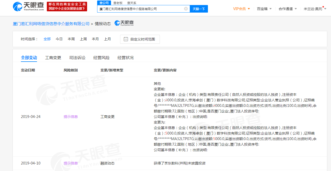 京东旗下P2P平台易利贷注册资本增加至5000万元