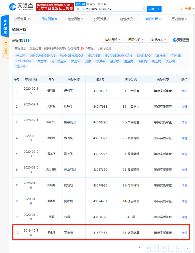 “罗永浩”被注册成烟草烟具类商标，目前状态为等待实质审查