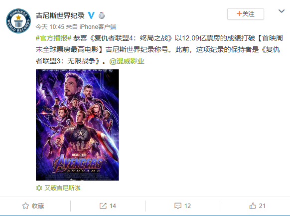 《复仇者联盟4》获吉尼斯世界纪录，成首映周末全球票房最高电影