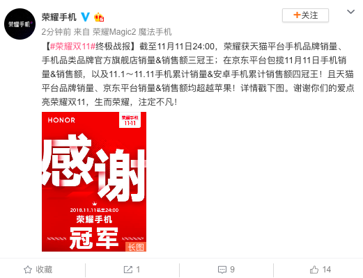 荣耀称获天猫平台三冠王
