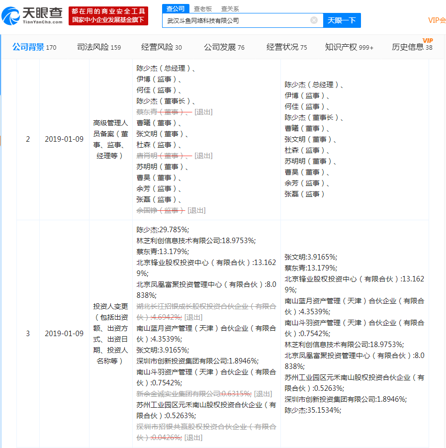斗鱼主体公司多项变更：三股东三董事退出