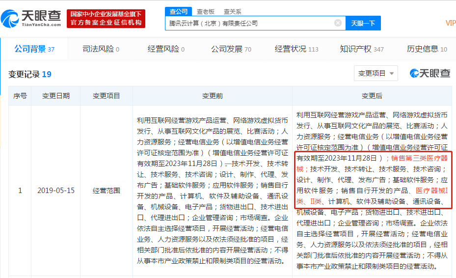 腾讯云计算公司新增销售医疗器械业务