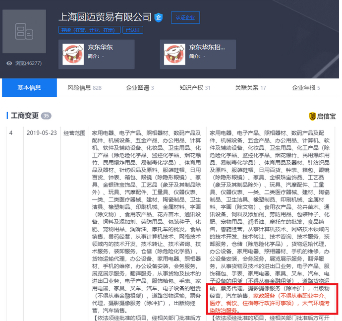 京东旗下公司新增“家政服务”及“大气环境污染防治服务”