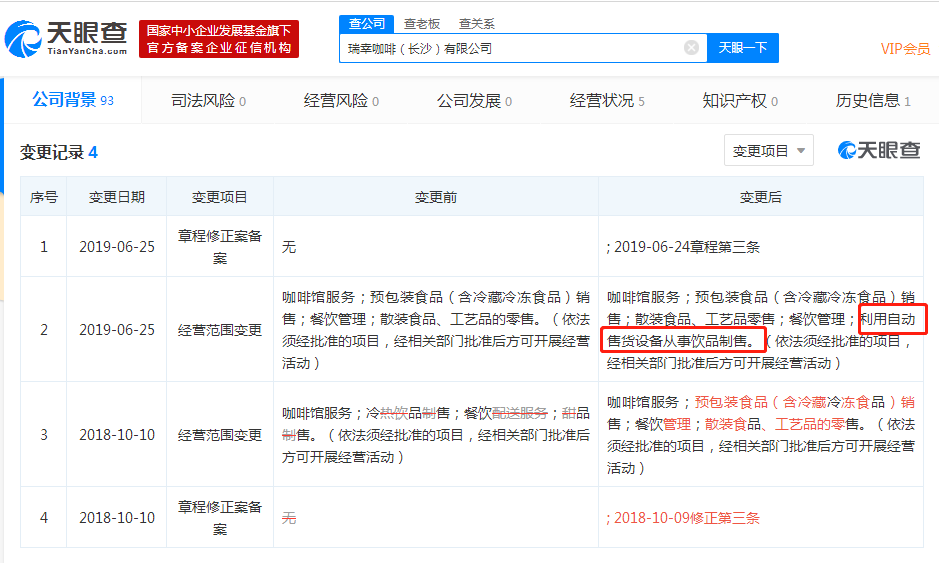 瑞幸咖啡（长沙）有限公司经营范围新增“利用自动售货设备从事饮品制售”