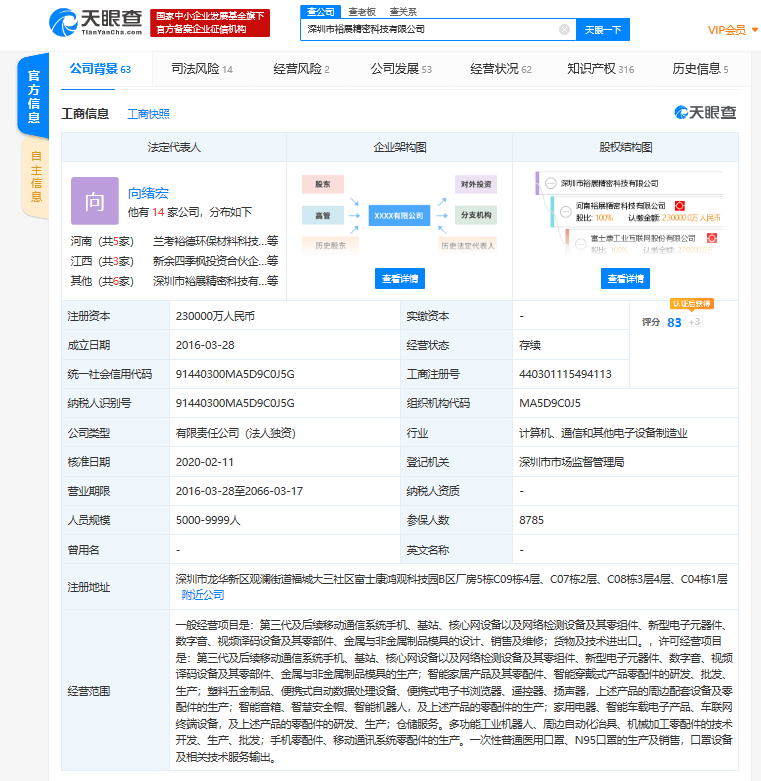 富士康工业富联旗下“裕展科技”发生工商变更，经营范围新增“N95口罩的生产及销售”等