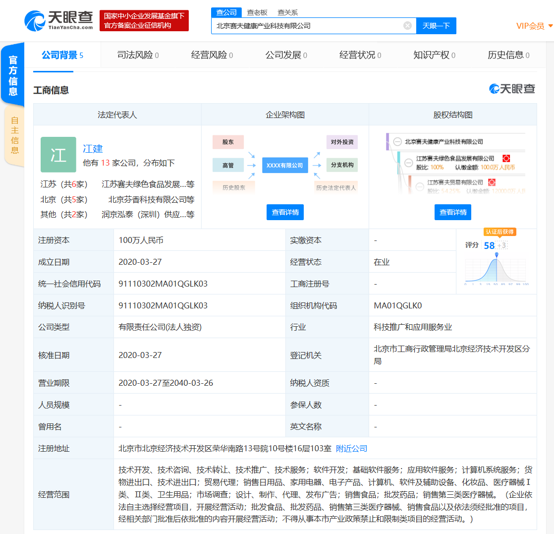 刘强东与章泽天共同持股的江苏赛夫成立健康产业科技公司