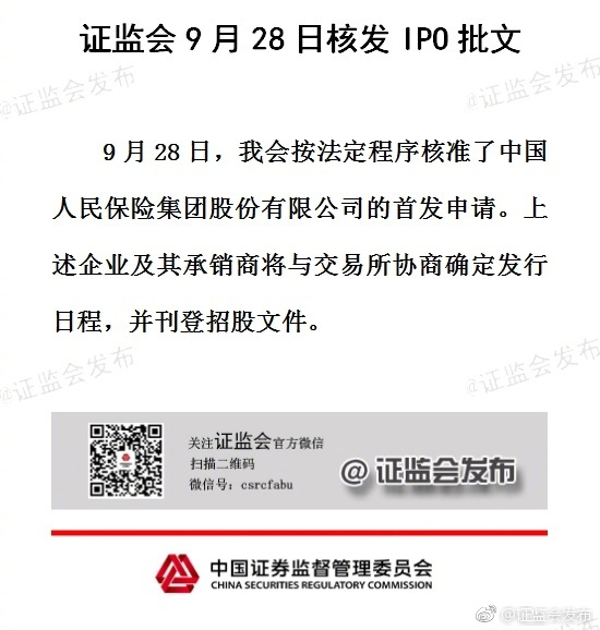 证监会今日核发中国人保IPO批文