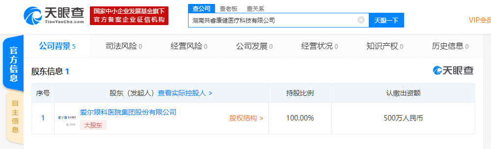 爱尔眼科成立全资健康医疗科技公司，注册资本500万