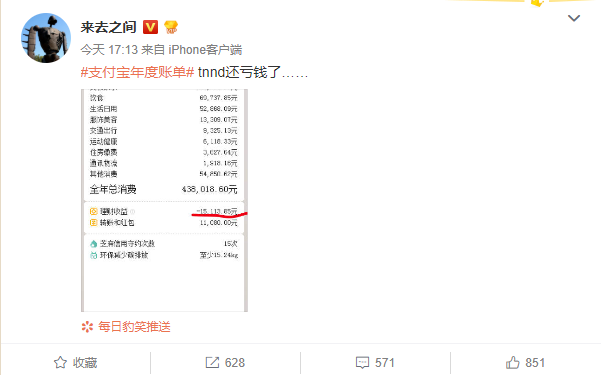 微博CEO晒2018支付宝账单：文教娱乐支出22.6万元