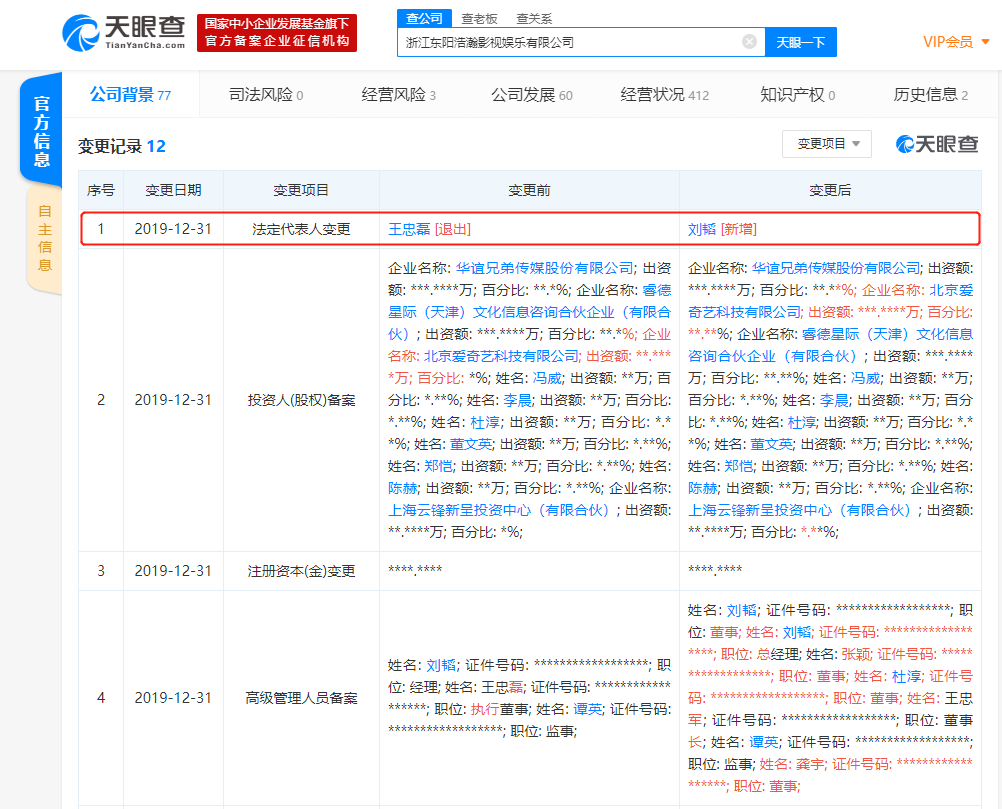 王忠磊卸任华谊旗下浩瀚娱乐法定代表人，新增王忠军为董事长
