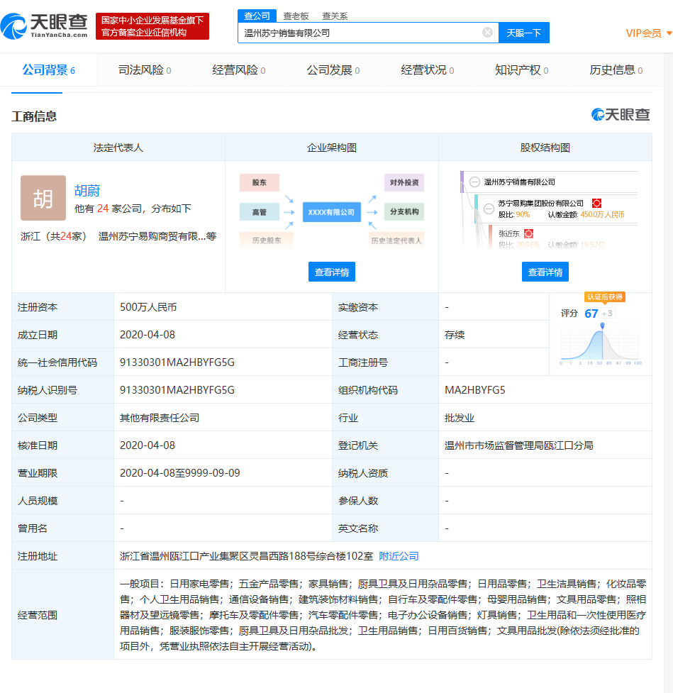 苏宁易购成立一家销售新公司，注册资本500万元