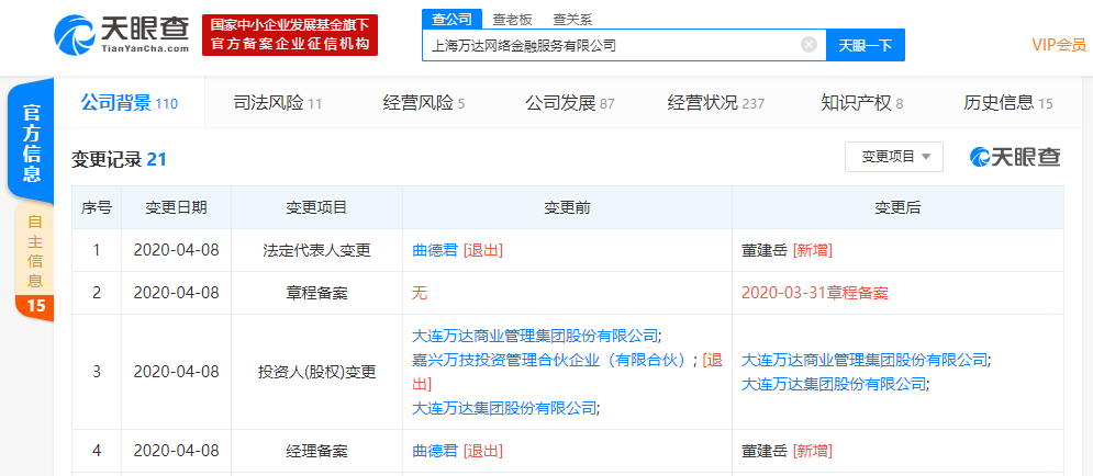 万达元老曲德君卸任万达金融法定代表人、经理，由董建岳接任
