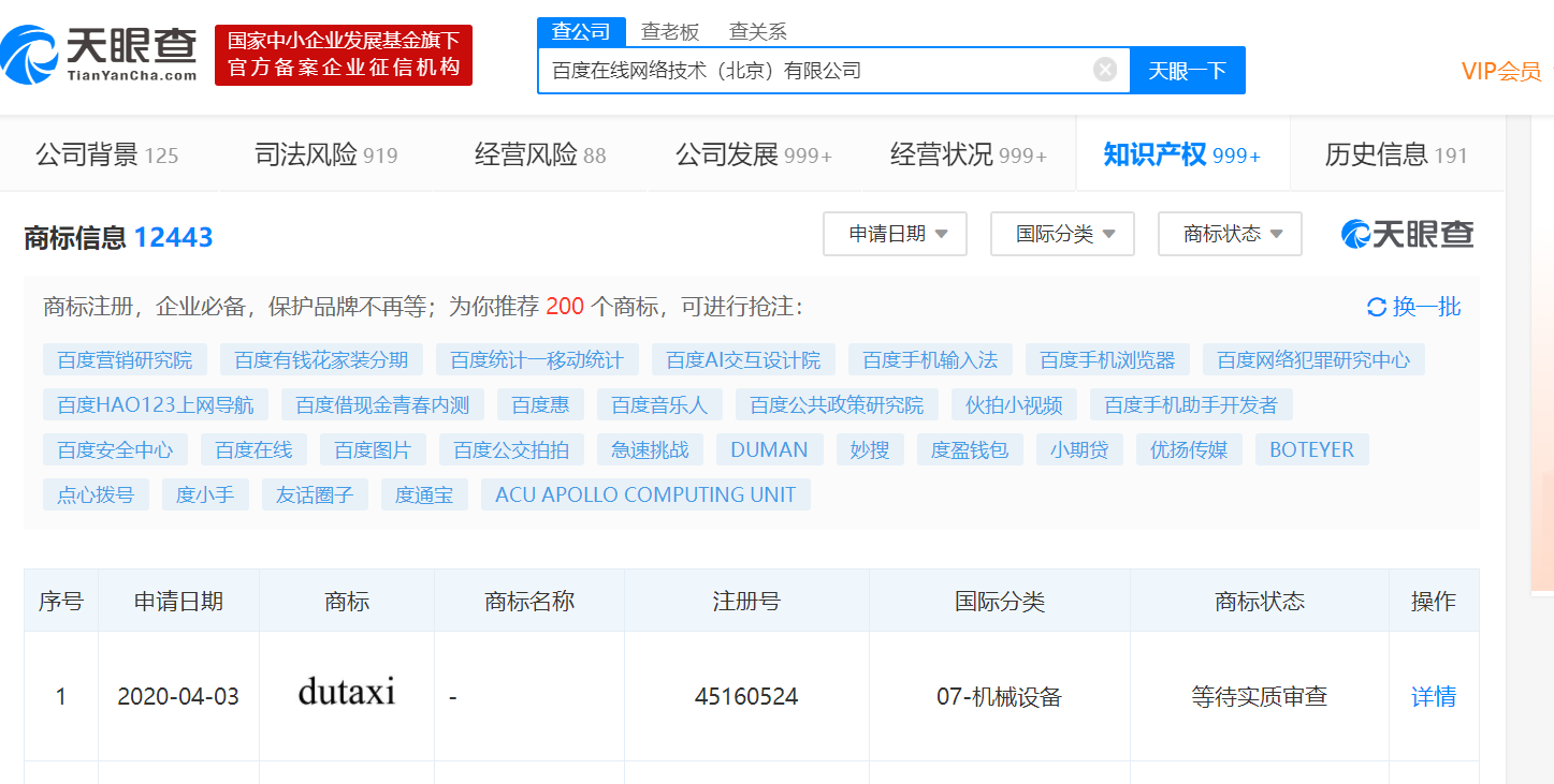 百度申请注册Dutaxi商标