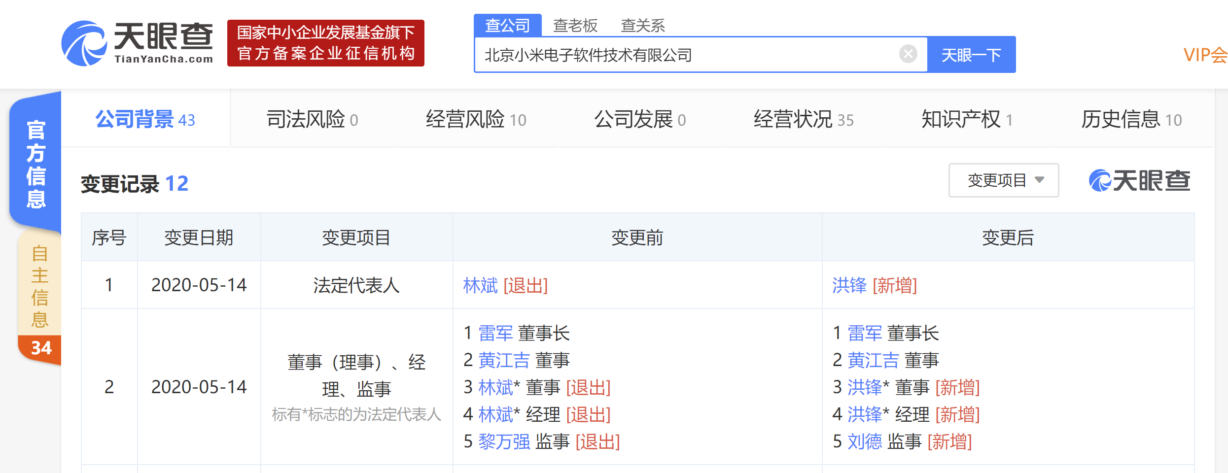 林斌退出北京小米电子法定代表人、董事，由洪锋接任