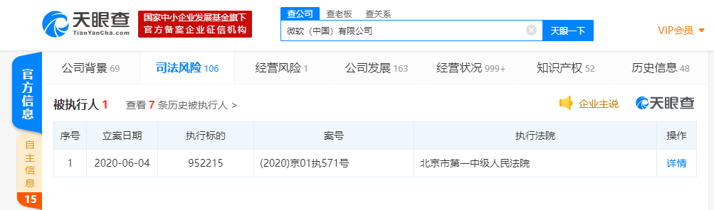 微软（中国）有限公司被列为被执行人，执行标的952215元