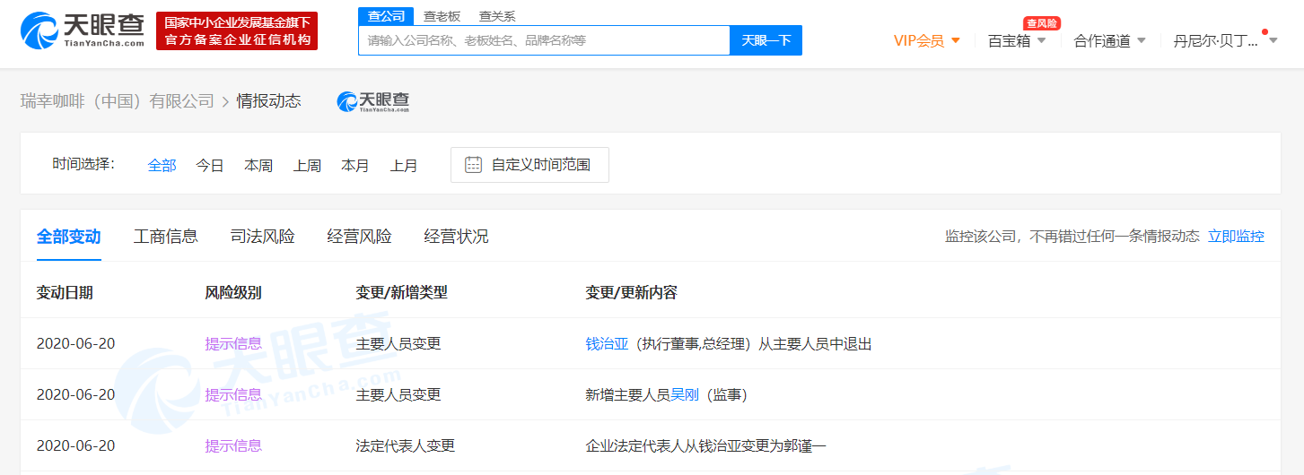 瑞幸咖啡创始人钱治亚卸任瑞幸咖啡（中国）有限公司法定代表人
