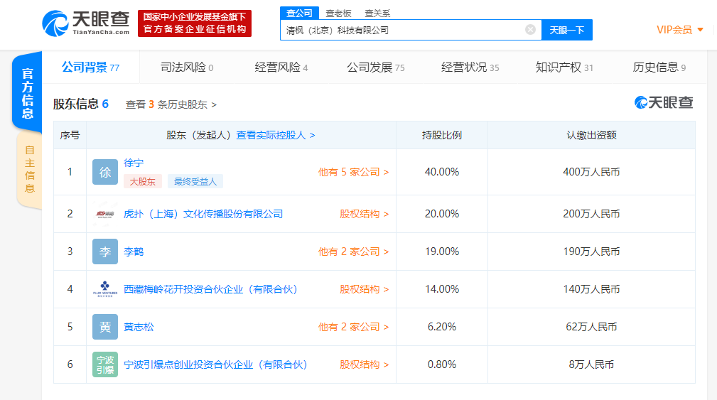虎扑入股清枫（北京）科技有限公司，持股20%成第二大股东