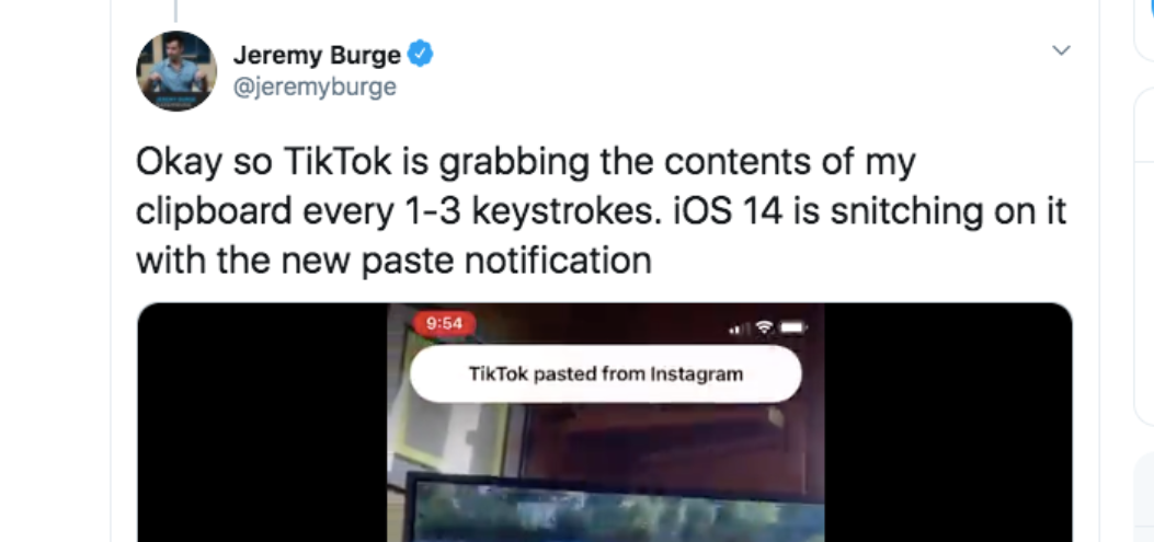 最前线 | 苹果iOS 14新增隐私功能，曝光海外版Tiktok高频读取用户剪贴板内…
