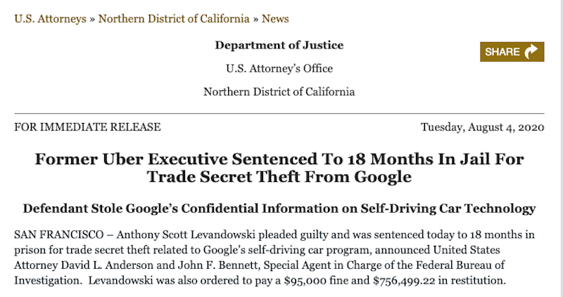 自动驾驶第一案宣判：前谷歌技术专家盗取机密被判18个月