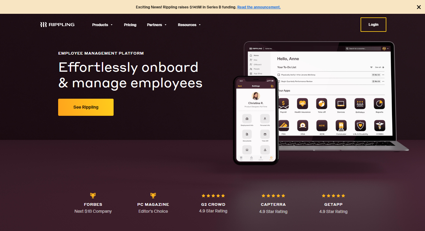 为企业提供员工管理系统，「Rippling」完成 1.45 亿美元 B 轮融资，估值…