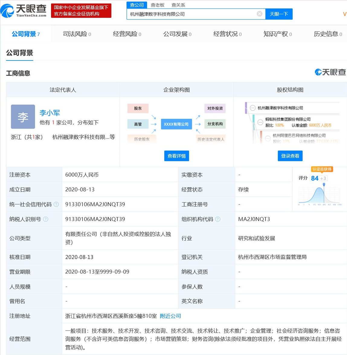 蚂蚁科技集团在杭成立两家新公司，累计注册资本7000万