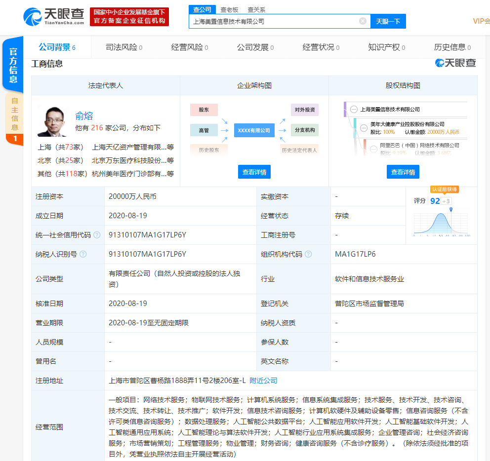 美年大健康成立新公司，经营范围含人工智能应用软件开发、物联网等