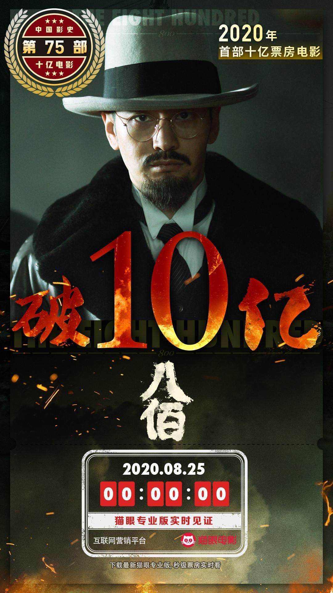 《八佰》总票房破10亿，成今年首部十亿票房电影