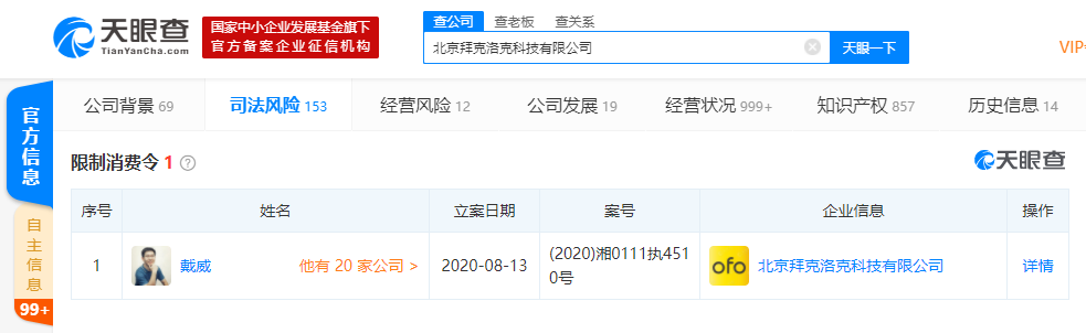 ofo小黄车关联公司法定代表人戴威再被限制消费