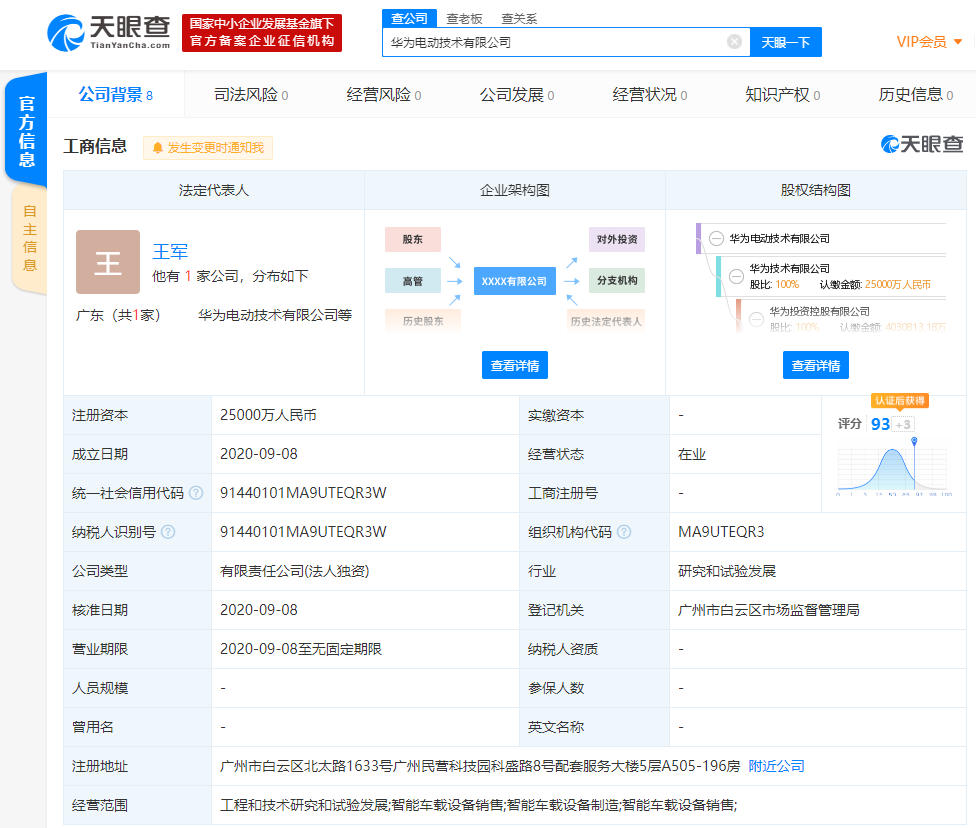 华为成立电动技术新公司，经营范围含智能车载设备制造等