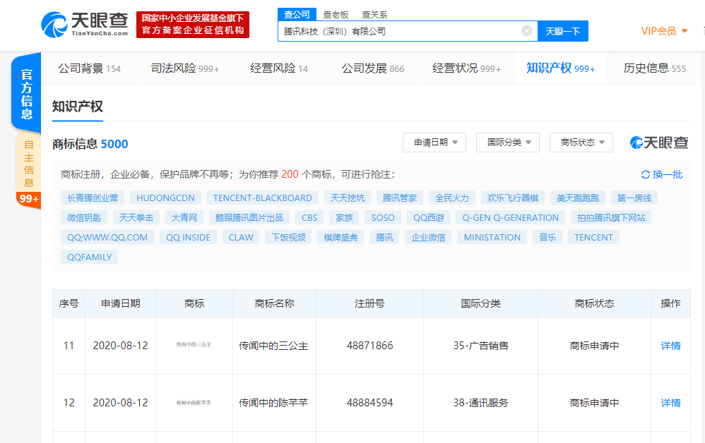 腾讯科技（深圳）有限公司申请“传闻中的陈芊芊”商标