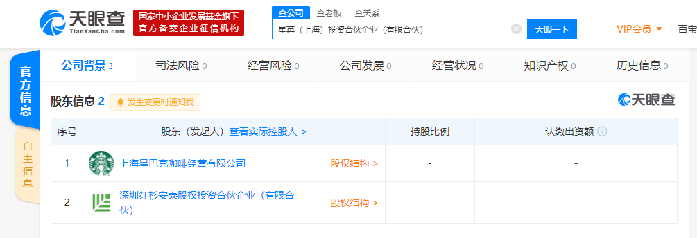 星巴克联合红杉中国成立投资公司，经营范围含创业投资、投资管理等