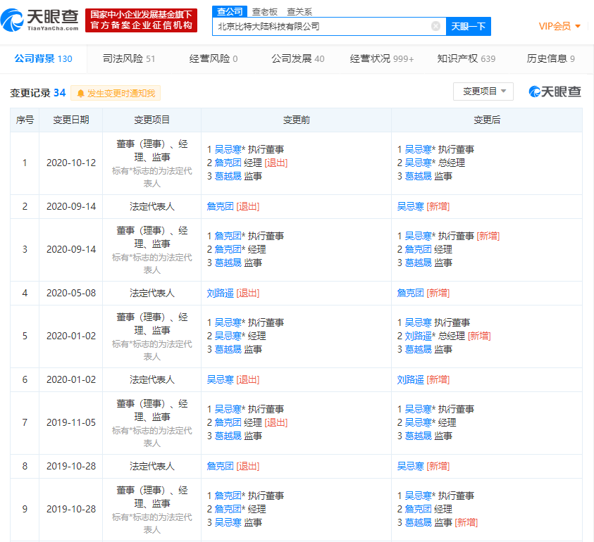 詹克团北京比特大陆科技有限公司退出经理职位，新增吴忌寒为总经理