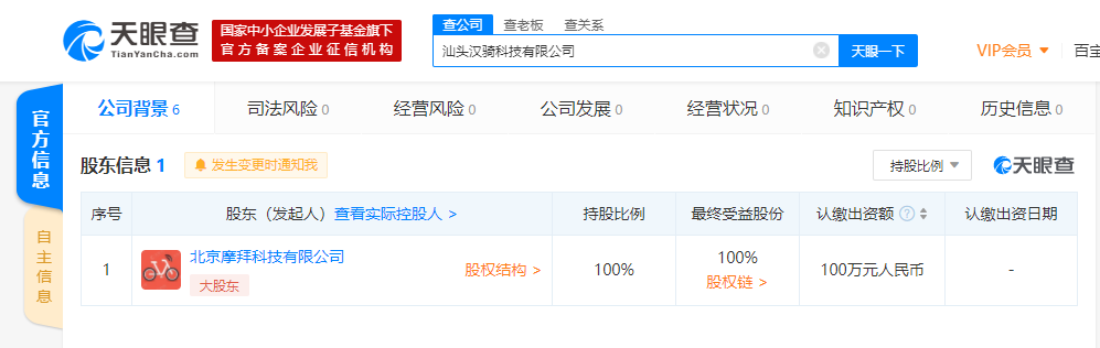 北京摩拜科技有限公司在汕头成立新公司，经营范围包括电子商务服务等