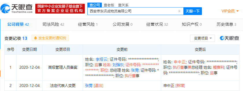 刘强东退出西安京东讯成物流有限公司总经理