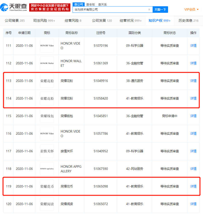 华为申请“荣耀花粉”、“荣耀花币”商标